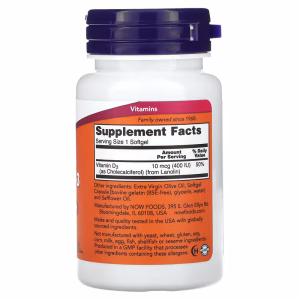NOW Foods, Vitamin D-3, 400 IU, 180 Softgels - Image 2