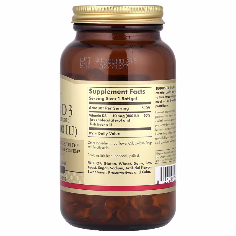 Solgar, Vitamin D3, 10 mcg (400 IU), 250 Softgels - Image 2