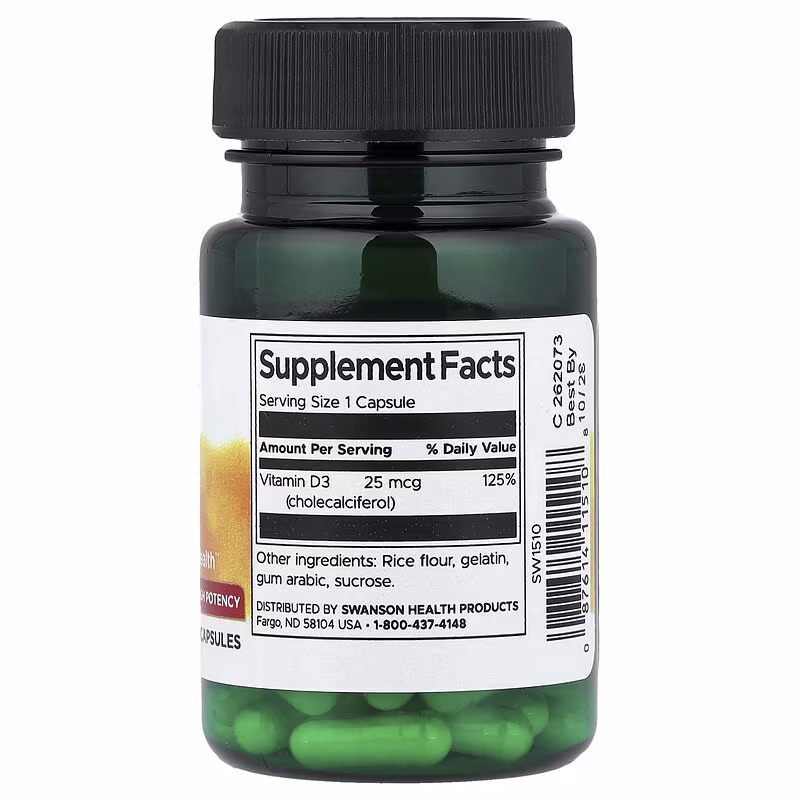 Swanson, Vitamin D3, High Potency, 25 mcg (1,000 IU), 60 Capsules - Image 2