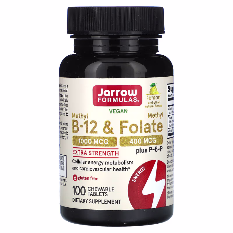 Jarrow Formulas, Vegan Methyl B-12 & Methyl Folate, Lemon, 100 Chewable Tablets