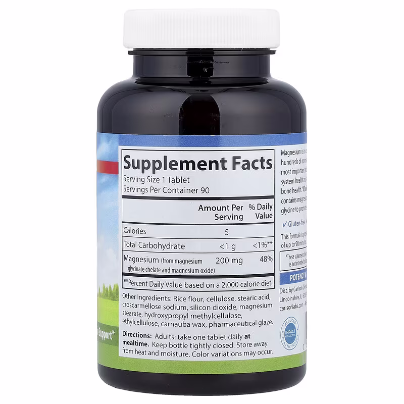 Carlson, Chelated Magnesium Glycinate, 200 mg, 90 Tablets - Image 2