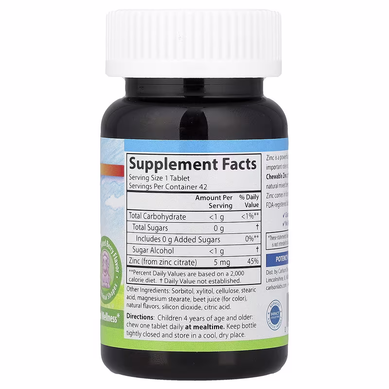 Carlson, Kids' Chewable Zinc, Natural Mixed Berry, 5 mg, 42 Tablets - Image 2