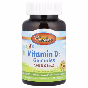 Carlson, Kids' Vitamin D3 Gummies, Natural Fruit, 25 mcg (1,000 IU), 60 Vegetarian Gummies