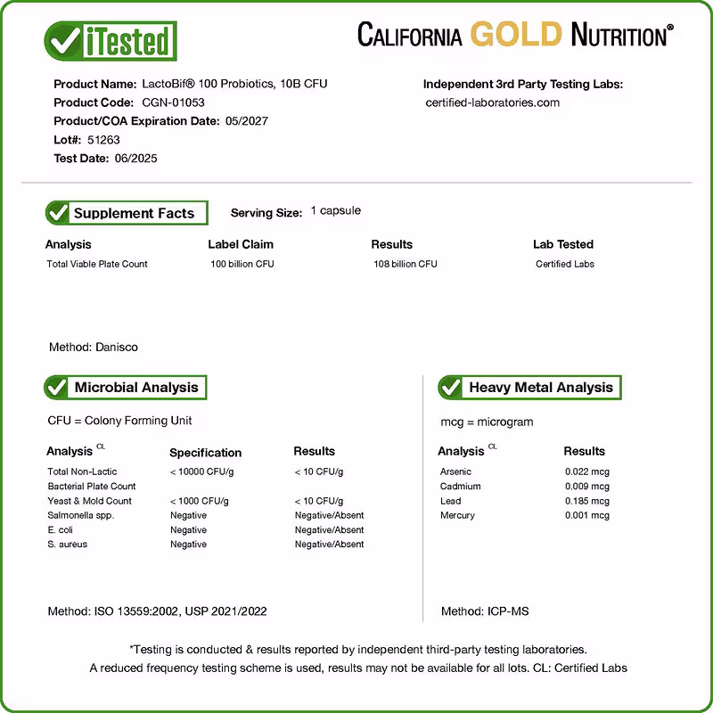California Gold Nutrition, LactoBif® 100 Probiotics, 100 Billion CFU, 30 Veggie Capsules - Image 4