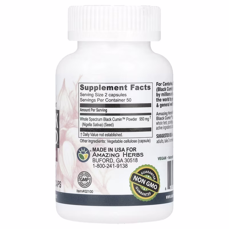 Amazing Herbs, Black Seedâ„¢, Original Plain, 100 Vegetarian Caps (475 mg per Capsule) - Image 2