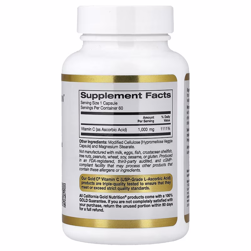 California Gold Nutrition, Gold C®, USP Grade Vitamin C, 1,000 mg, 60 Veggie Capsules - Image 2