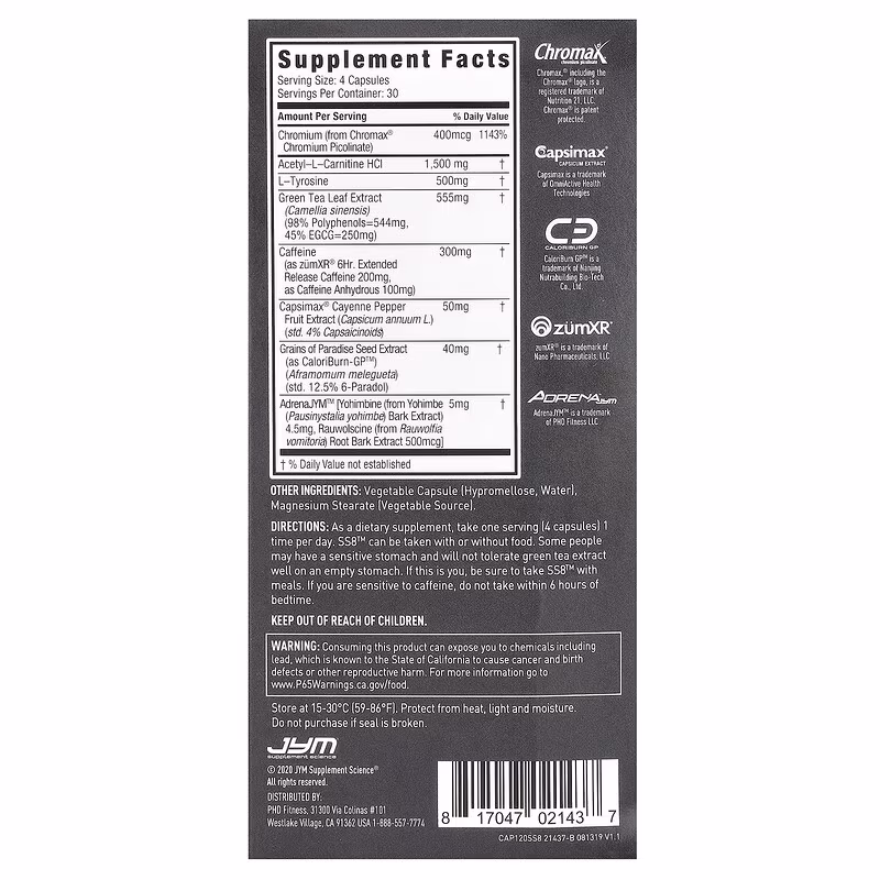 JYM Supplement Science, SS8 Advanced Fat Burner, 120 Vegetarian Capsules - Image 2