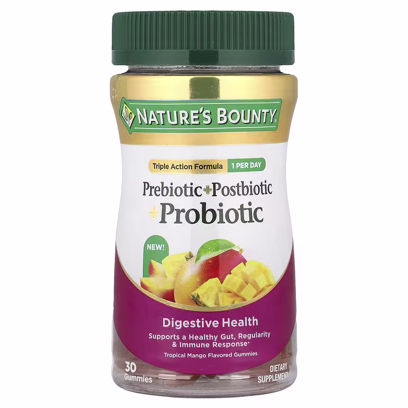 Nature's Bounty, Prebiotic + Postbiotic + Probiotic Gummies, Tropical Mango, 30 Gummies