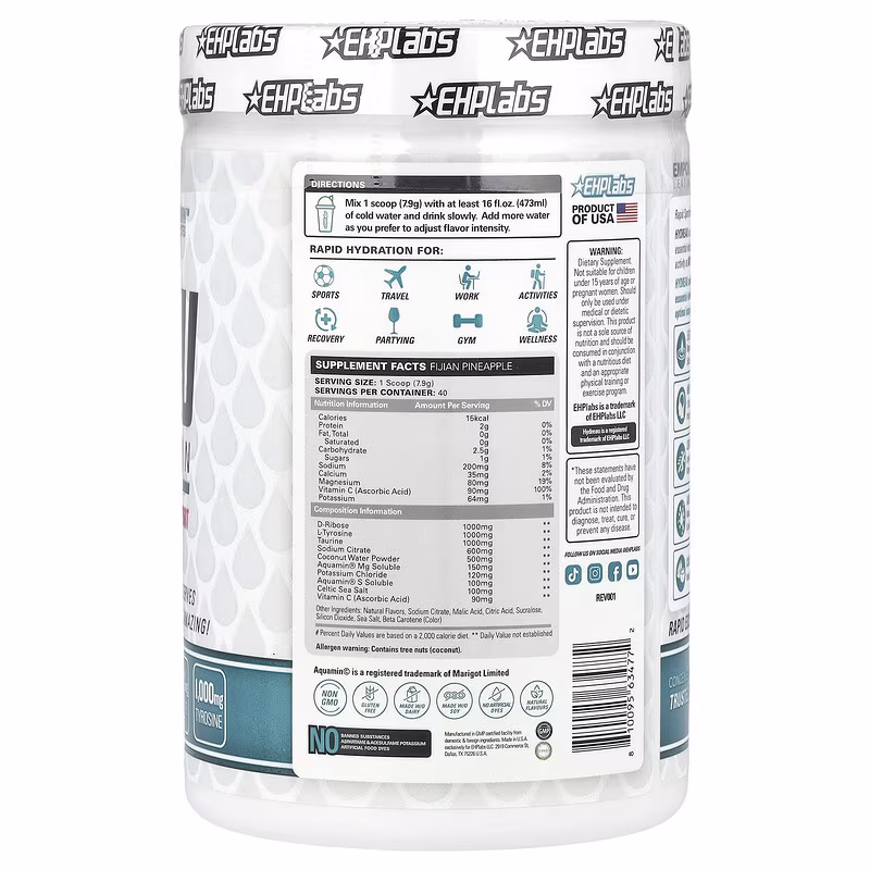 EHPlabs, Hydreau Sports Hydration, Fijian Pineapple, 11.15 oz (316 g) - Image 2