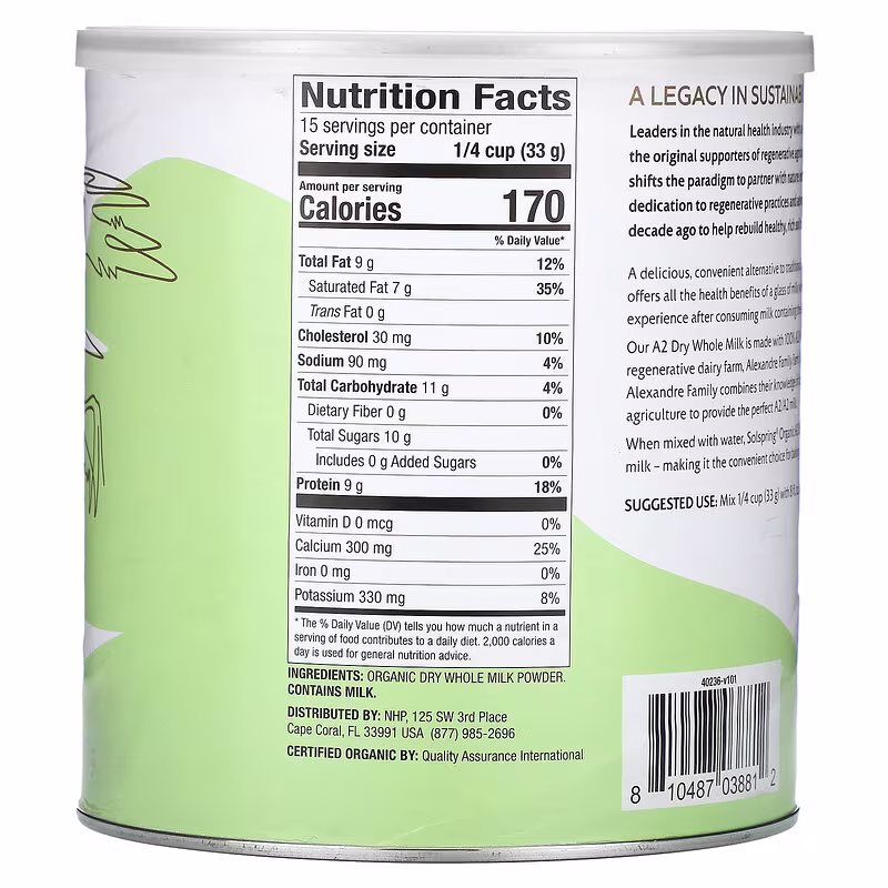 Dr. Mercola, Solspring®, Organic A2 Dry Whole Milk, 17.4 oz (495 g) - Image 2
