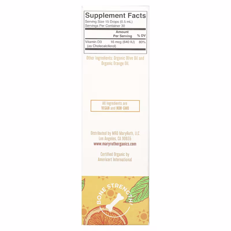 MaryRuth's, Organic Kids Vitamin D3 Liquid Drops, 4-13 Years, Orange, 640 IU, 0.5 fl oz (15 ml) - Image 2