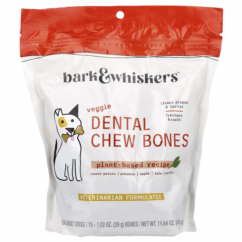Dr. Mercola, Bark & Whiskers™, Dental Chew Bones, For Adult Dogs, Veggie, 15 Bones, 1.02 oz (29 g) Each
