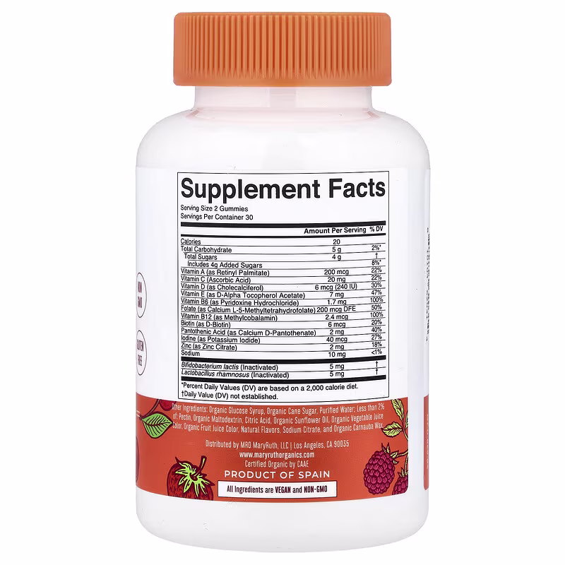 MaryRuth's, Organic Kids Multivitamin & Postbiotics Gummies, Mixed Berry & Cherry, 60 Gummies - Image 2