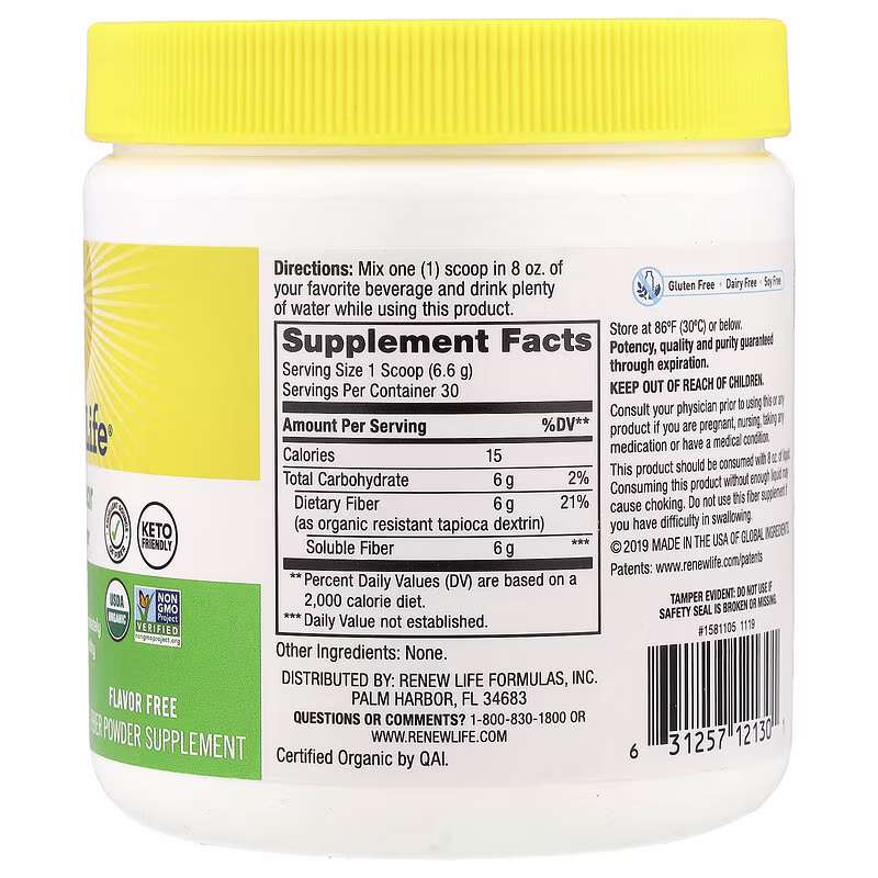 Renew Life, Completely Clear Organic Prebiotic Fiber, Unflavored , 7 oz (198 g) - Image 2