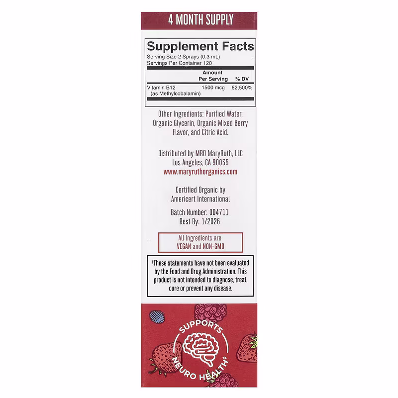 MaryRuth's, Organic Methyl B12 Liquid Spray, Berry, 1,500 mcg, 1 fl oz (30 ml) - Image 3