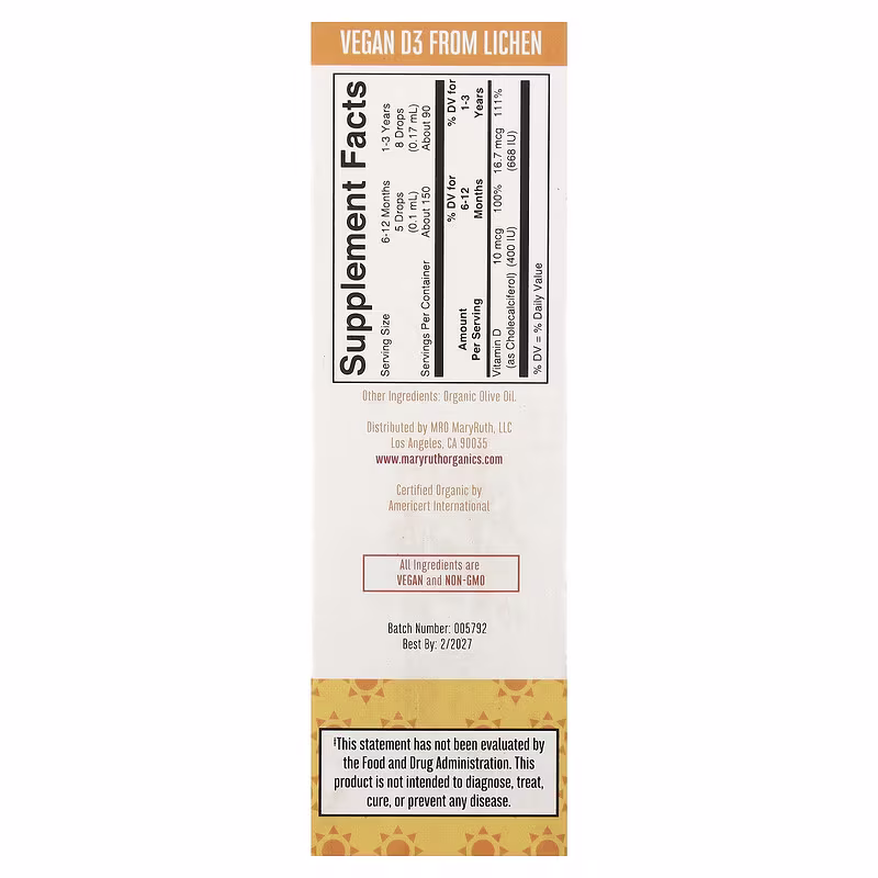 MaryRuth's, Organic Infant & Toddler Vitamin D3 Liquid Drops, 6 Months+, Unflavored, 0.5 fl oz (15 ml) - Image 2