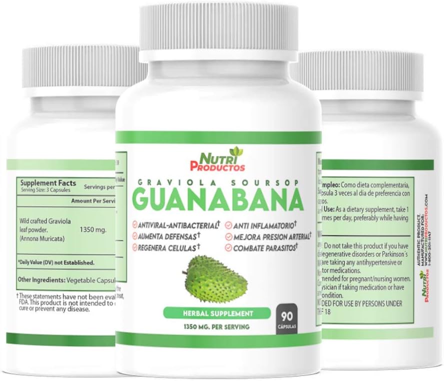 Serene Herbs Nutrisalud Products Capsulas de Guanabana Extra potente 1350mg per Serving. Set de 2 frascos con 90 Cap c/u. Aumenta Defensas, Anti Inflamatorio, Mejora Presion Arterial, Regenera Celulas. - Image 2