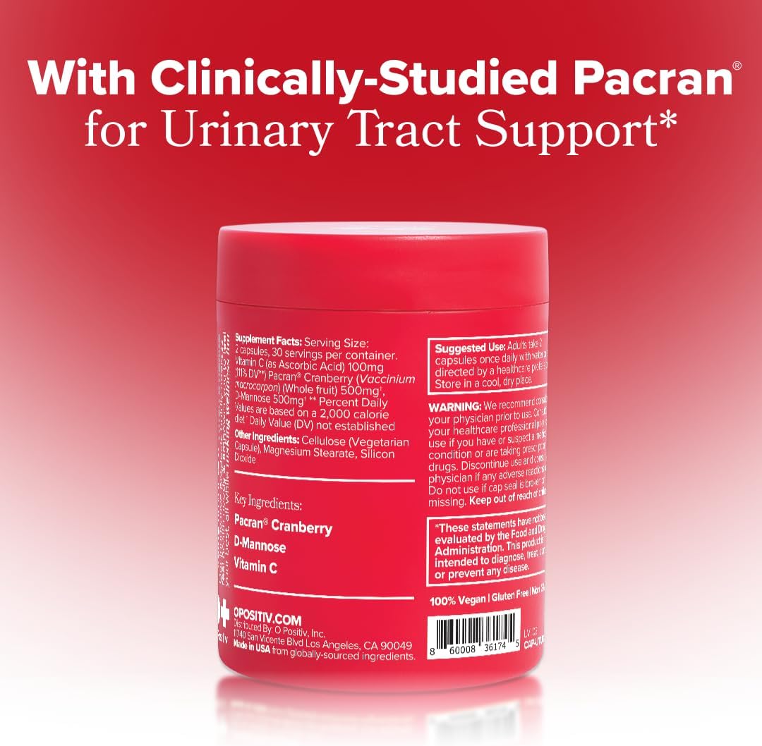 O Positiv URO Urinary Tract Health Supplement for Women, 60 Count (Pack of 1) - Urinary Support Vitamins with Pacran Complete Cranberry Extract, D-Mannose, & Vitamin C - Vegan & Gluten-Free - Image 2
