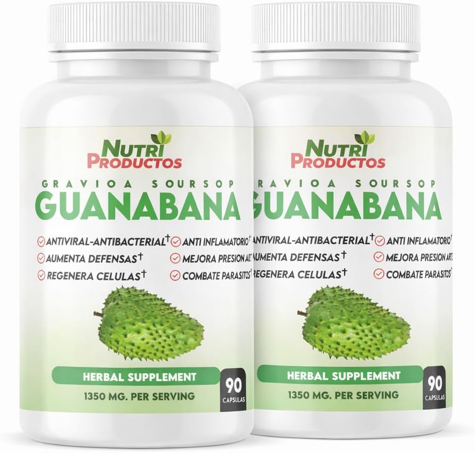 Serene Herbs Nutrisalud Products Capsulas de Guanabana Extra potente 1350mg per Serving. Set de 2 frascos con 90 Cap c/u. Aumenta Defensas, Anti Inflamatorio, Mejora Presion Arterial, Regenera Celulas.