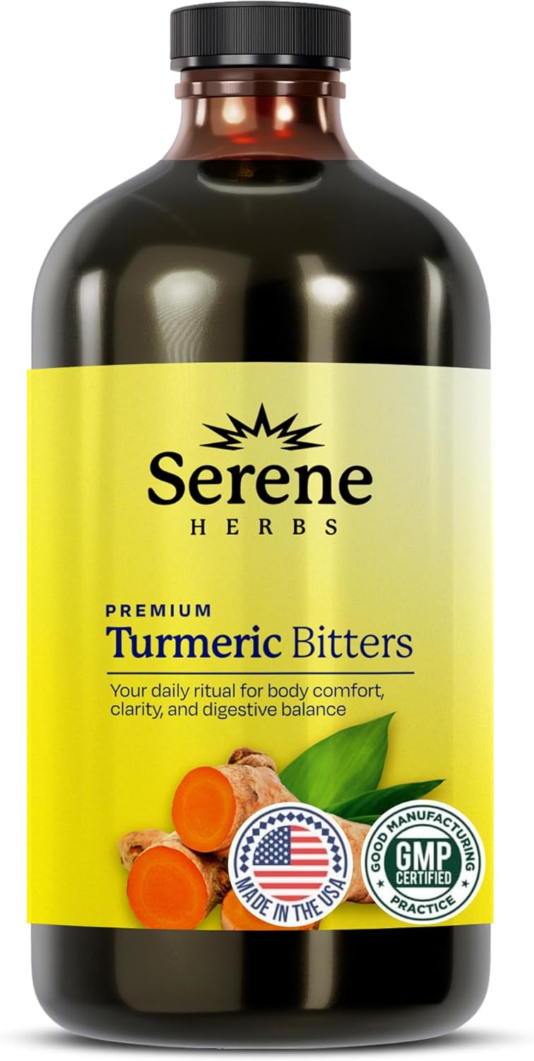 Serene Herbs Liquid Turmeric with Black Pepper - Turmeric Shots Curcumin Supplement 1000mg Extra Strength Herbal Drink, Digestive Bitters for Bloating Relief, Joint Health, Energy & Clarity - 16oz