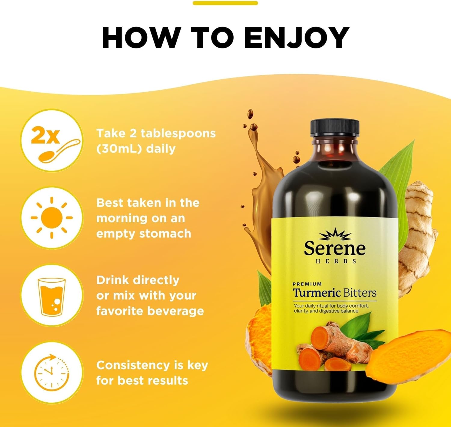 Serene Herbs Liquid Turmeric with Black Pepper - Turmeric Shots Curcumin Supplement 1000mg Extra Strength Herbal Drink, Digestive Bitters for Bloating Relief, Joint Health, Energy & Clarity - 16oz - Image 5