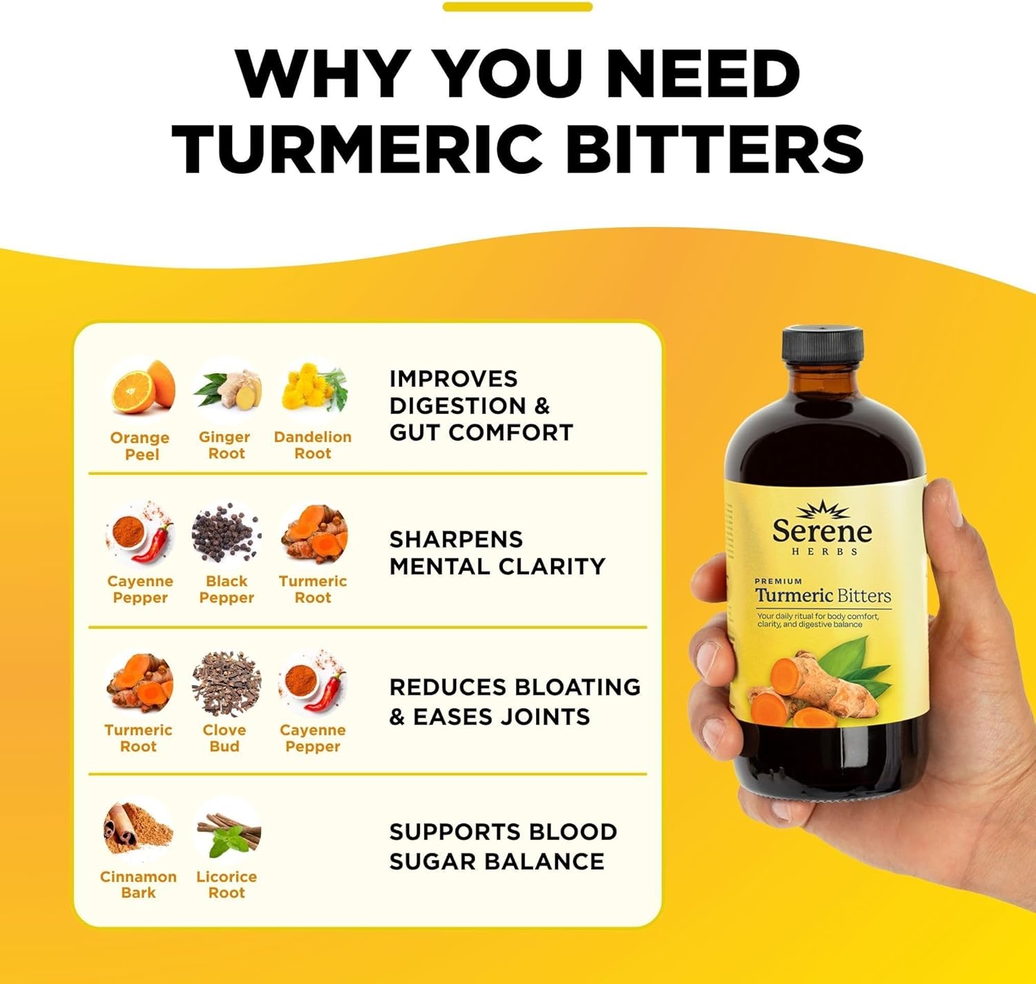 Serene Herbs Liquid Turmeric with Black Pepper - Turmeric Shots Curcumin Supplement 1000mg Extra Strength Herbal Drink, Digestive Bitters for Bloating Relief, Joint Health, Energy & Clarity - 16oz - Image 2