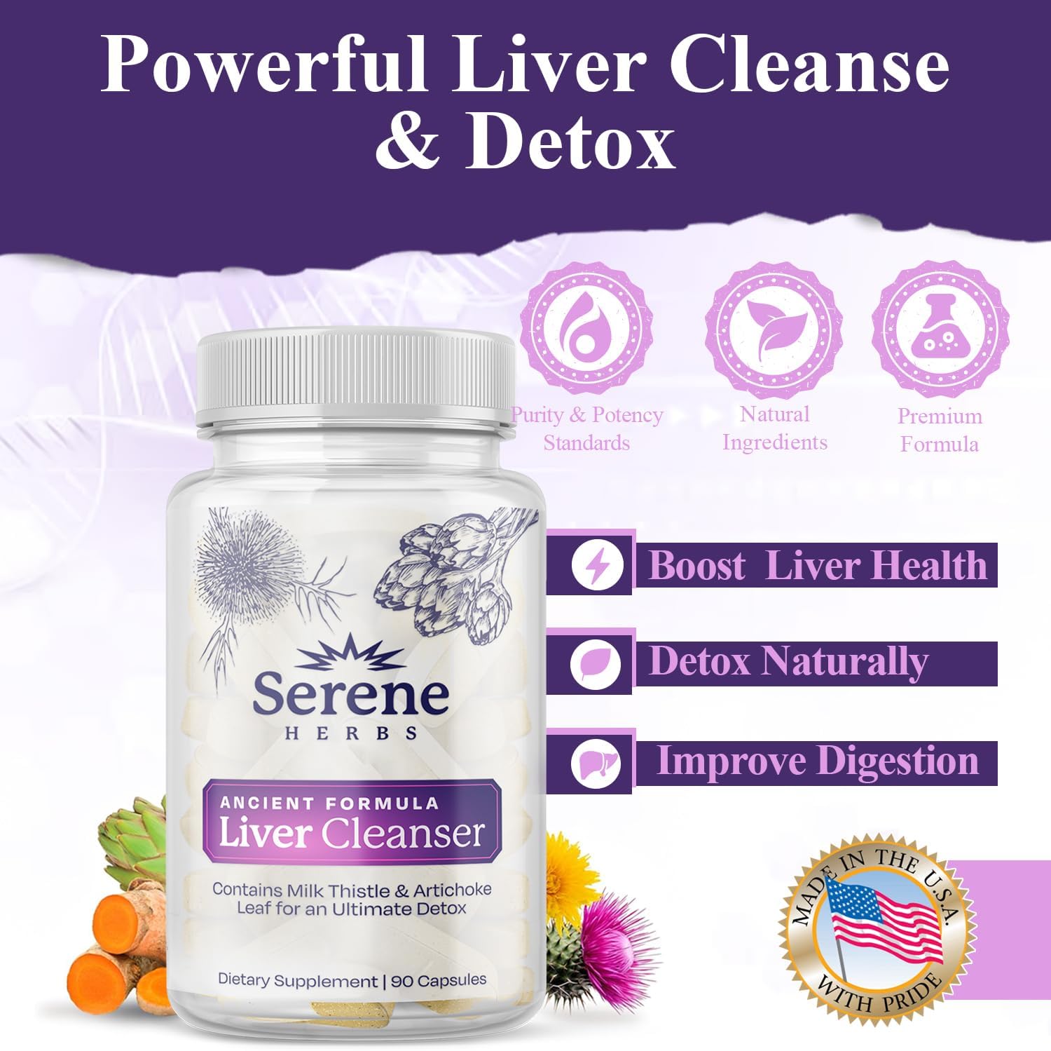 Serene Herbs Liver Cleanse Detox & Repair Formula – Pure Health Liver Support with Milk Thistle, Artichoke & Dandelion Root for Fatty Liver & Liver Health Herbal Detox Supplement Capsules (60 Count) - Image 3