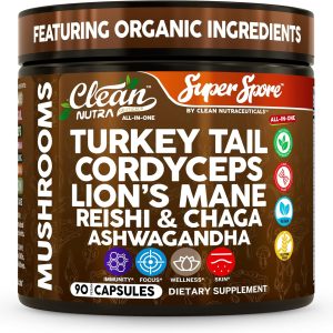 Serene Herbs Organic Turkey Tail Mushroom Supplement Capsules | Lions Mane Cordyceps Reishi Chaga + Ashwagandha Stress Relief Nootropic Immunity Adaptogens Mood Support 90 Vegan Capsules by Clean Nutra