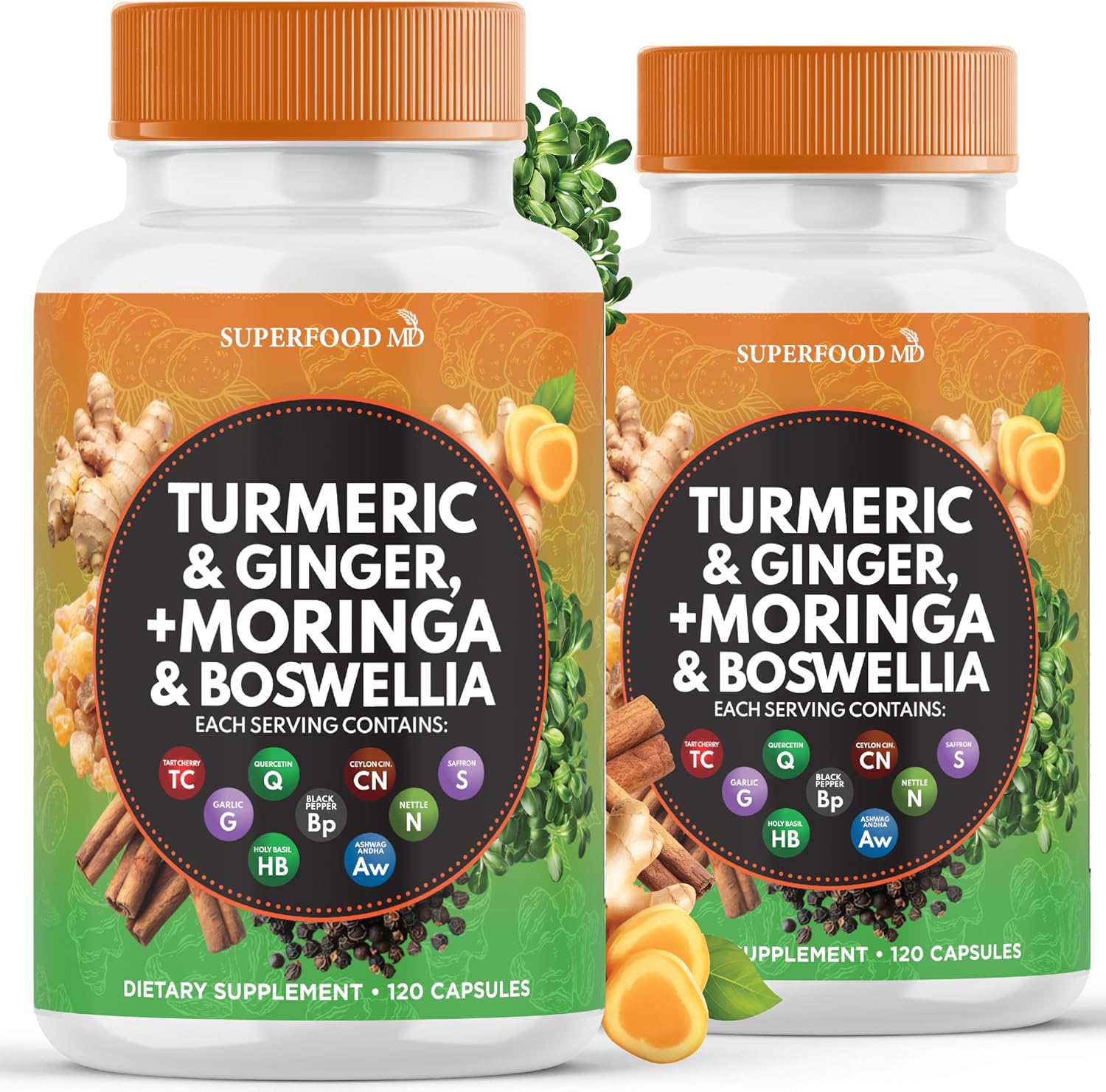 Serene Herbs Turmeric Moringa Supplement | Ginger, Boswellia, Saffron, Holy Basil- Joint Support Supplement for Women and Men with Ceylon Cinnamon, Quercetin, Tart Cherry- 240 Count