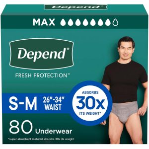Depend FIT-Flex Incontinence Underwear Men, Maximum Absorbency, Grey, Small/Medium, 80 Count