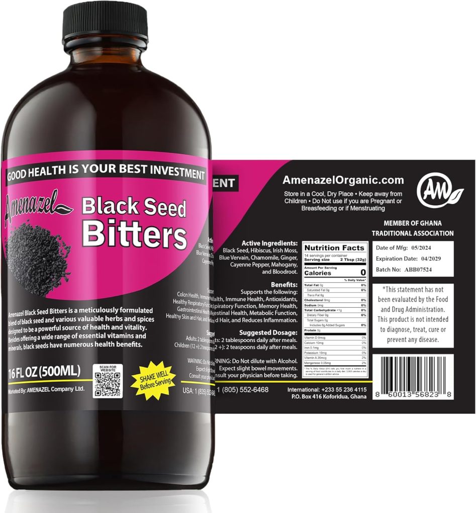 Amenazel Organic Black Seed Bitters, 16 fl oz.